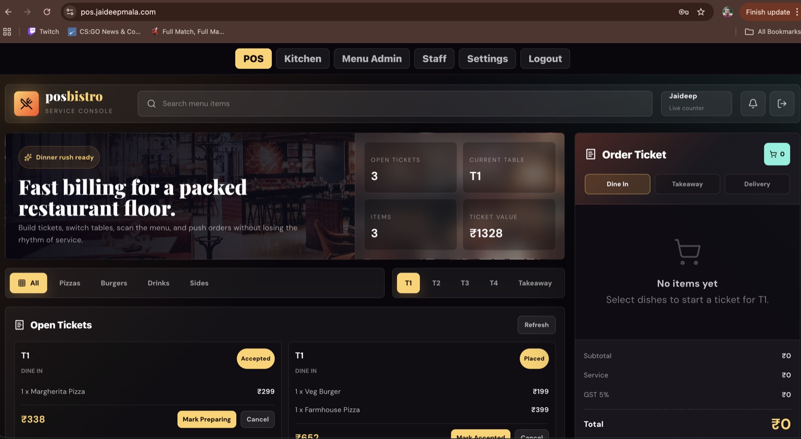 Restaurant POS dashboard